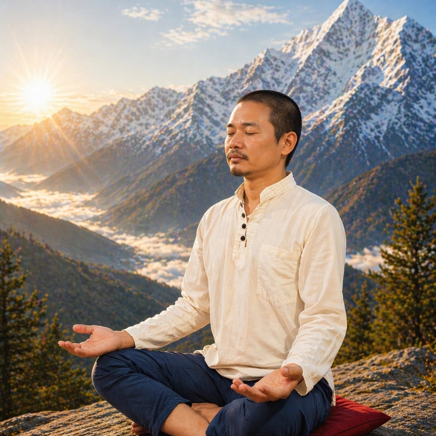 Arjuna meditating at sunrise in the Himalayas