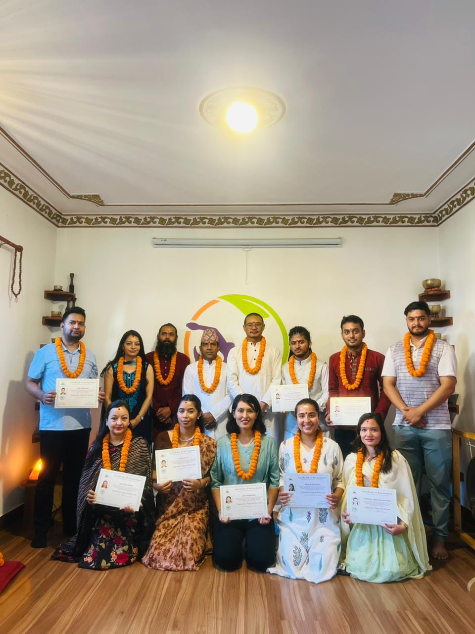 Yoga teacher training graduation ceremony at Yogmandu school in Kathmandu, Nepal
