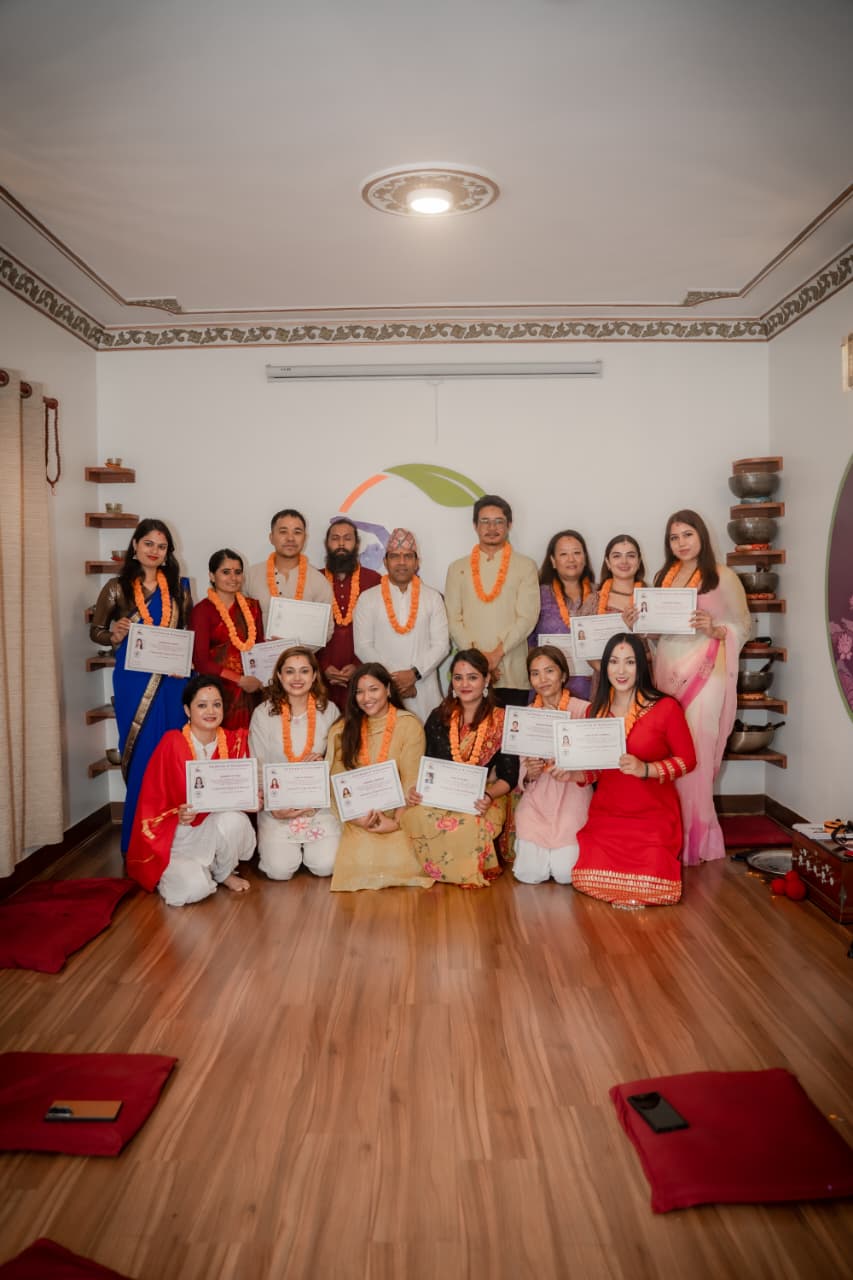 Yoga teacher training graduation ceremony at Yogmandu school in Kathmandu, Nepal