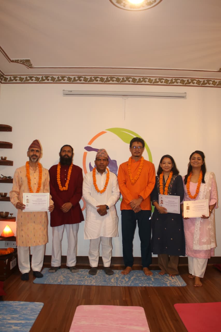 Yoga teacher training graduation ceremony at Yogmandu school in Kathmandu, Nepal