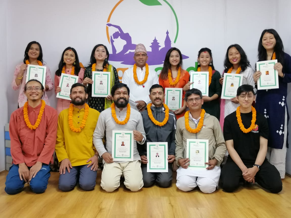 Yoga teacher training graduation ceremony at Yogmandu school in Kathmandu, Nepal