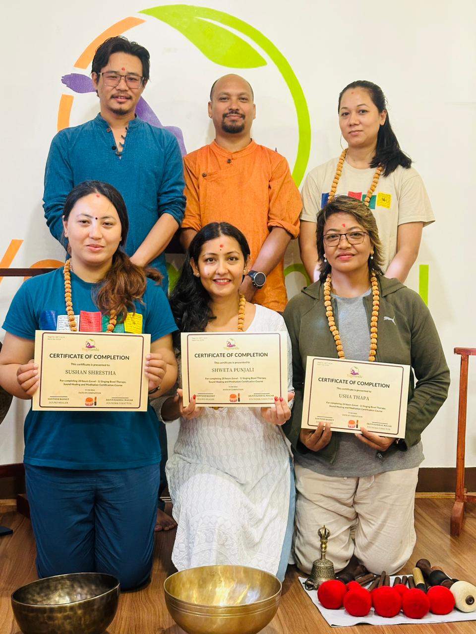 Certificate ceremony with Himalayan singing bowls at Yogmandu, Kathmandu