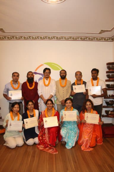 Yoga teacher training graduation ceremony at Yogmandu school in Kathmandu, Nepal