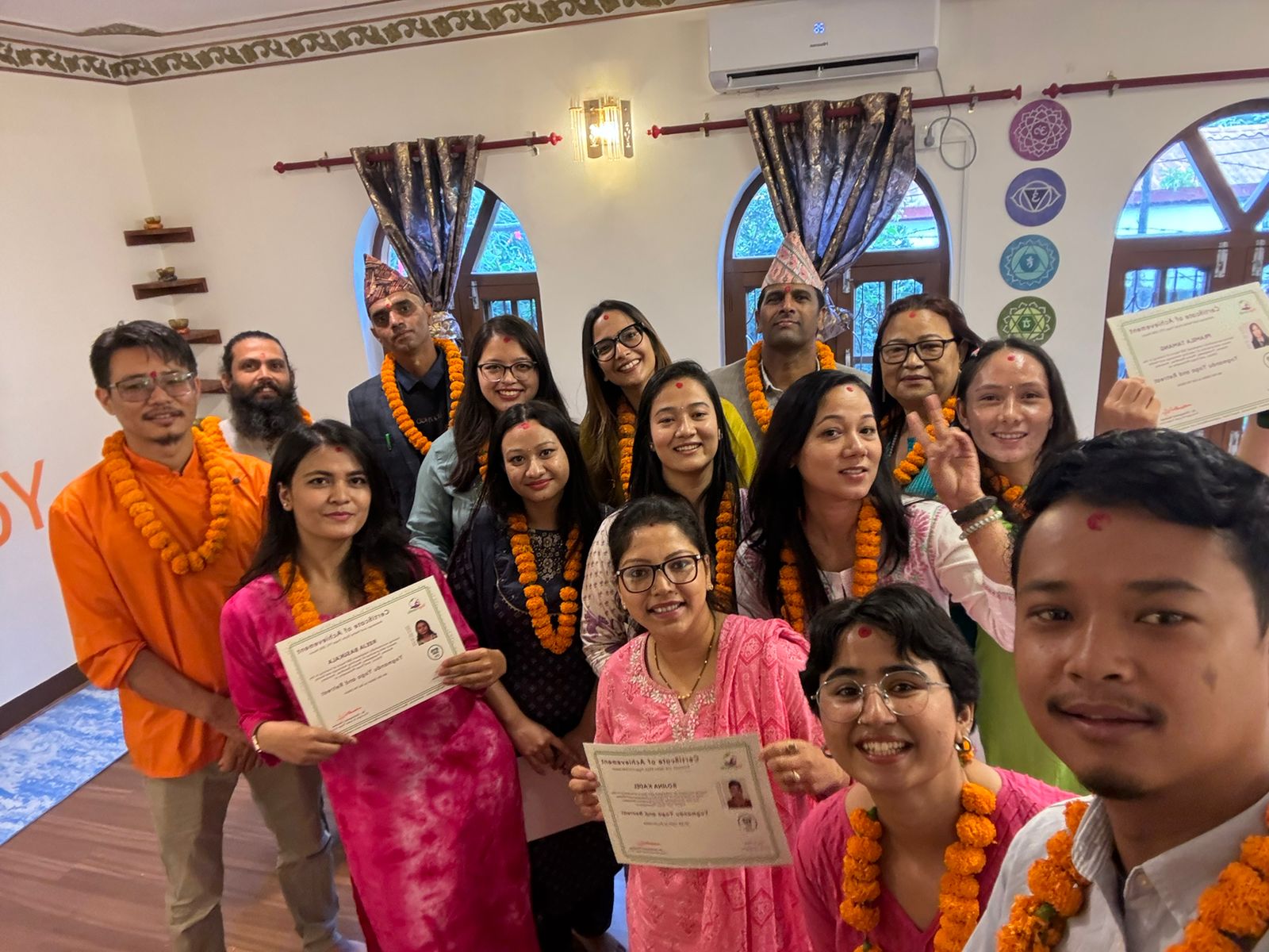 Yoga teacher training graduation ceremony at Yogmandu school in Kathmandu, Nepal